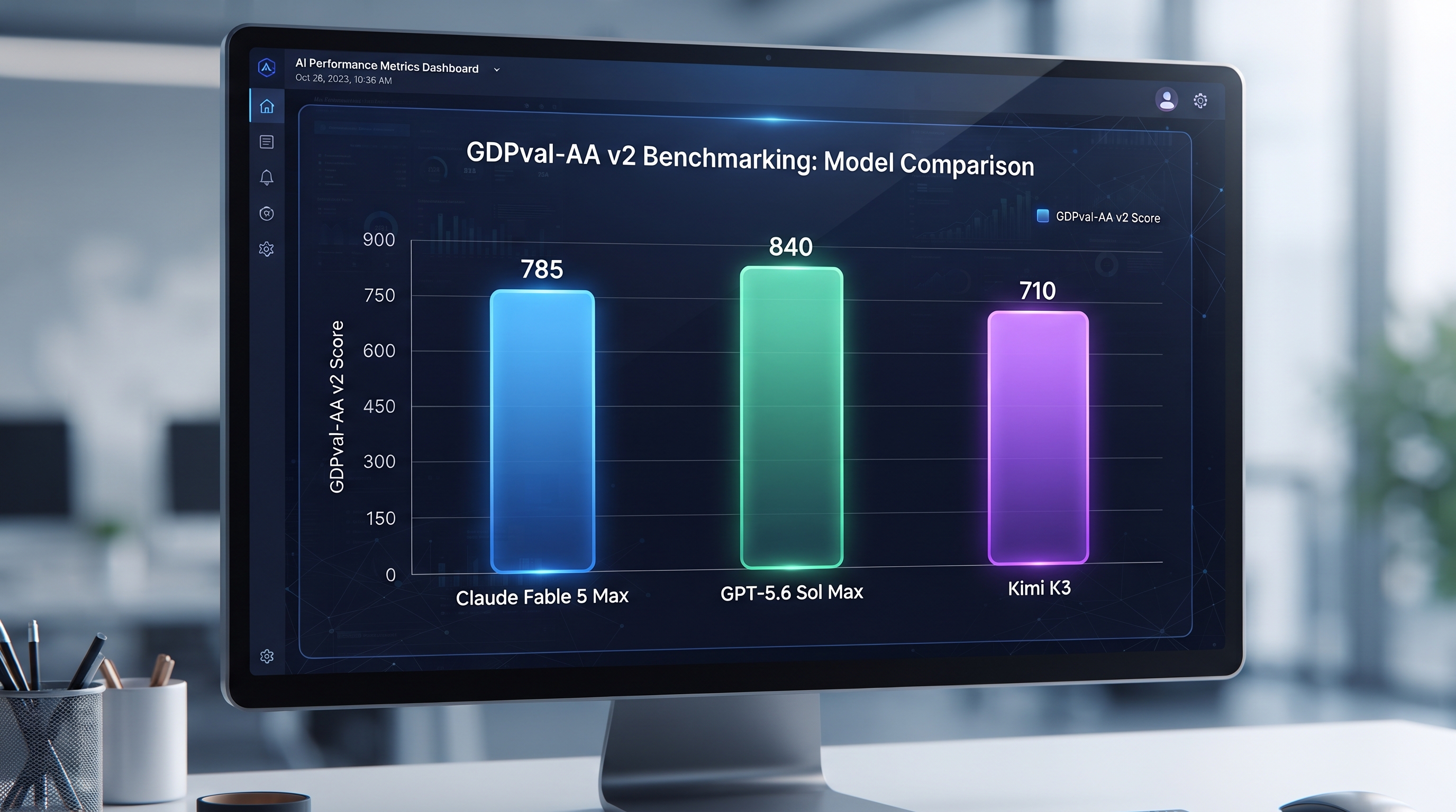 Bar chart comparing GDPval-AA v2 scores: Claude Fable 5 Max, GPT-5.6 Sol Max, and Kimi K3